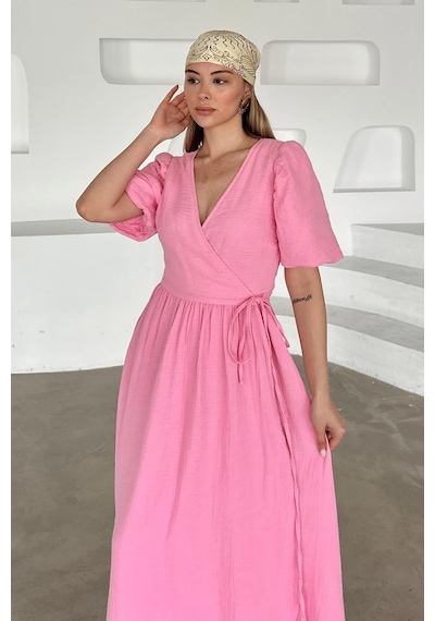 Olcay V Yaka Belden Bağlamalı Müslin Elbise Pembe 9354-e