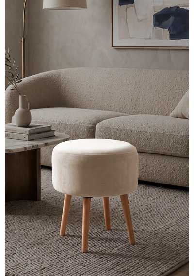Modern Ahşap Ayaklı Dekoratif Puf, Tabure 6096 Krem
