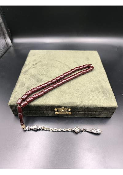 Osmanlı Sıkma Kehribar Tesbih Koyu Vişne, 9x7 Mm Gümüş