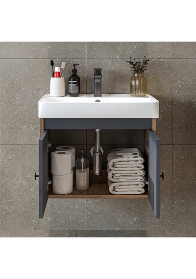 Ada Lavabolu Mat Suntalam Banyo Alt Dolabı 60 Cm Atlantik Çam - Antrasit