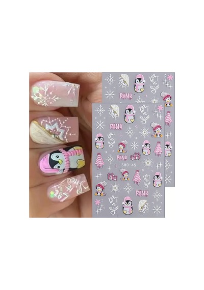 Penguen Kar Tanesi Noel 3d Tasarım Pembe Yapışkan Sticker Tırnak Dövmesi Nail Art