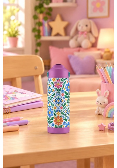 Puccon 540 Ml Çiçek Desenli Yeşil - Mor Kız Çocuk Pipetli Çelik Termos Matara/suluk - 60065