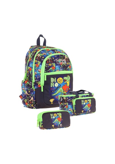 Kaukko Kids Erkek Çocuk İçin Siyah Yeşil Renkli Dinazor Desenliüçlü Okul Çanta Kombinasyonu Siyah - Yeşil