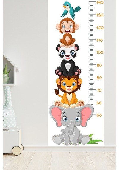 Sevimli Safari Hayvanları Boy Ölçüm Cetveli Boy Ölçer Sticker Beyaz