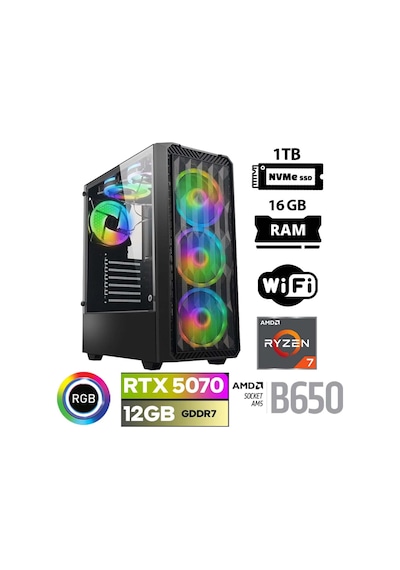 Xaser Thunder X50 R7-7700 16 GB 1 TB M.2 NVMe SSD 12 GB RTX5070 Free Dos Masaüstü Oyuncu Bilgisayarı