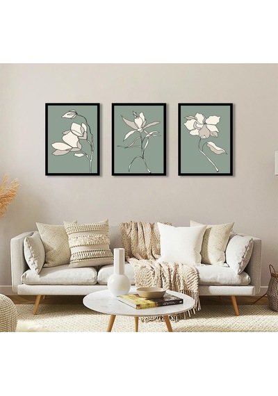 Modern Line Art Çiçekler Üçlü Çerçeveli Mdf Tablo Seti-174297