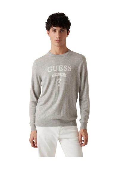 Guess Erkek Grafik Baskılı Bisiklet Yakalı Triko Kazak - Gri Gri