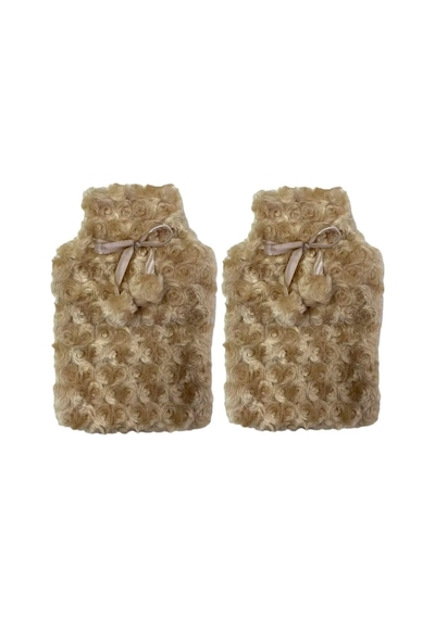 Sıcak Su Torbası 2 Adet,ponponlu Termofor Peluş Bej 28x17cm 750ml Bej