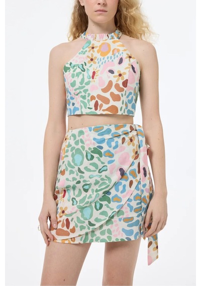 Fashion Cocktail Rengarenk Desenli Baskılı Çift Sırt Bağlamalı Boyunlu Kolsuz Bluz Krem