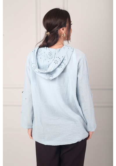 By Saygı Kadın Kapüşonlu Önü Düğmeli Cepli Brode Fisto İşlemeli İtalyan Cotton Ceket Mavi