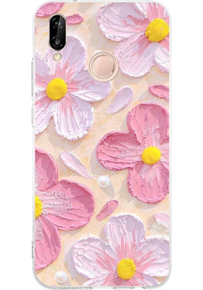 Huawei P20 Lite Uyumlu Pembe Beyaz Çiçekler Sulu Boya Baskılı Silikon Kılıf Renkli
