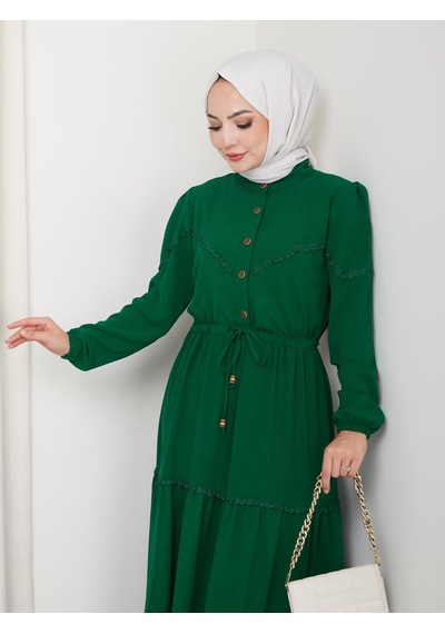 Hb Harma Time Butik Kadın Dantel Detaylı Bel Bağcıklı Yeşil Ayrobin Elbise