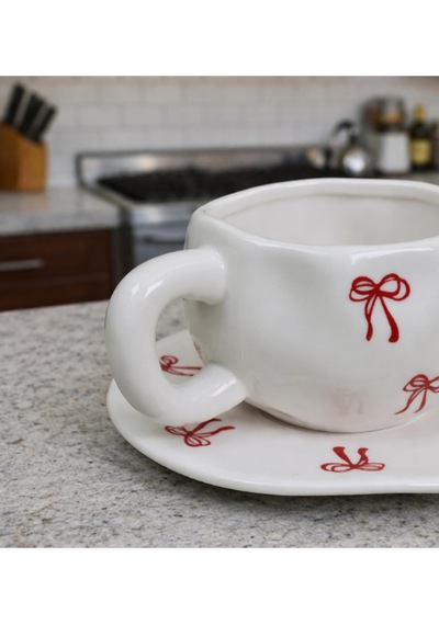 Seramik Tabaklı Handmade Tasarımlı Kupa - Renk Seçenekli Kurdele Desenli Renkli