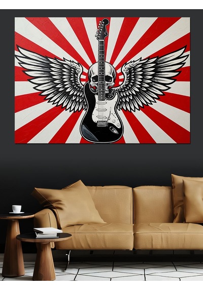 Kanatlı Kurukafa Ve Elektrogitar Görselli Retro Arka Fonlu Afiş Dekoratif Kanvas - Mdf Ahşap Tablo