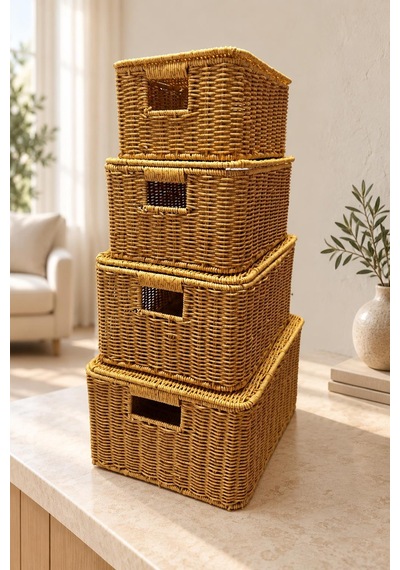 4 Lü Kapaklı Rattan Saklama Sepeti Seti Dolap İçi Organizer Çok Amaçlı Hasır Banyo Düzenleyici