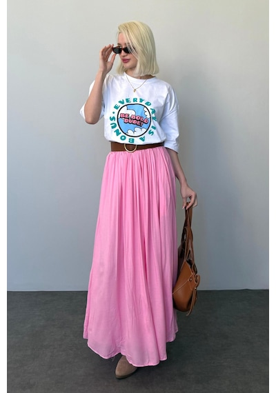 Madmext Pembe Vual Kumaş Basic Kadın Uzun Boy Kadın Etek Mg2366 Pembe