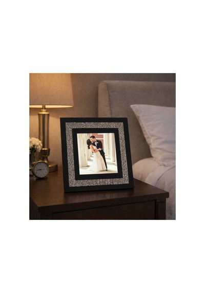 Kişiye Özel Fotoğraflı Kare Çerçeve 20x20 Cm Siyah Kumaş & Taşlı Tasarım