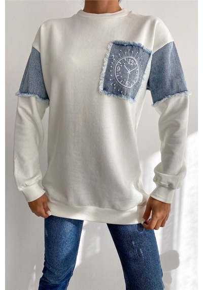 Femelle Kadın Ekru Kot Detaylı Taş İşlemeli Pamuklu Sweatshirt