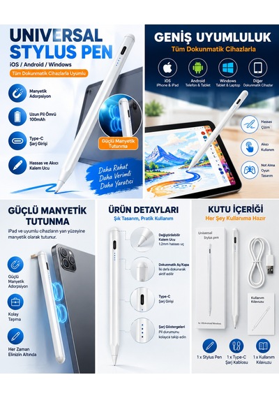 Universal Stylus Kalem Dokunmatik Tablet Telefon Kalemi İos Android Windows Uyumlu Type-c Şarjlı Pil Göstergeli İnce Uçlu Çizim Yazı Kalemi