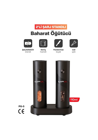 Mpıa Şarjlı Baharat Öğütücü 2 Li 110 Ml Led Paslanmaz Çelik Bıçak Tuz Karabiber Öğütücü Çok Renkli
