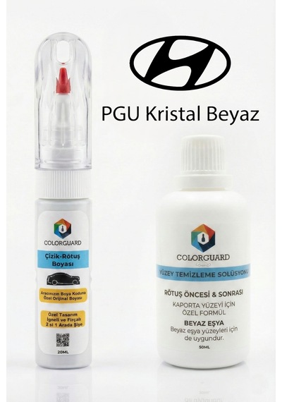 Colorguard Hyundai Pgu Kristal Beyaz İğneli & Fırçalı Şişe Rötuş Boyası Ve Yüzey Temizleme Solüsyonu Seti