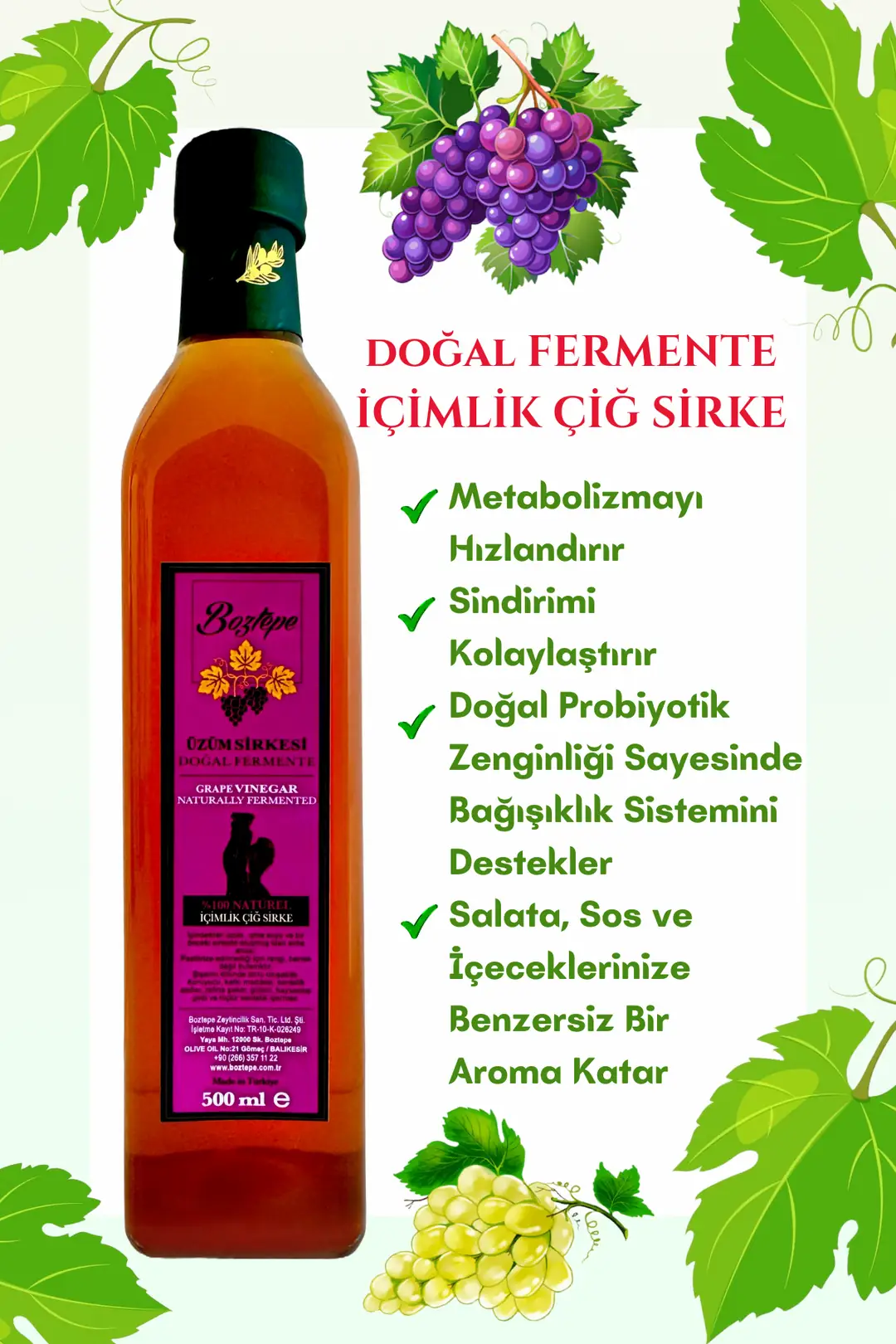 500 Ml Üzüm Sirkesi Doğal Fermente - Cam
