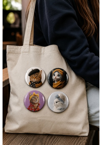4 Lü Kedi Temalı Rozet Seti 58mm Vintage Moda Kedi Tasarımları Çanta, Kıyafet Ve Aksesuar Rozeti Çok Renkli