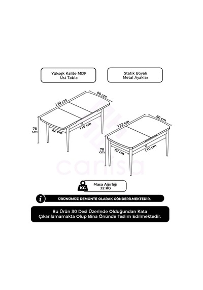 Canisa Concept Zen Serisi 80x132 Mdf Açılabilir Beyaz Mutfak Masası Beyaz