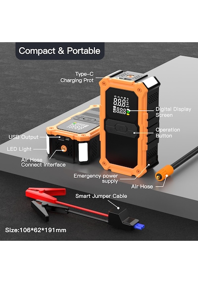 24.000mah Şarjlı Powerbank Özellikli Çantalı 2000a Tepe Akımlı Akü Takviyeli Oto Hava Kompresör 24.000mah