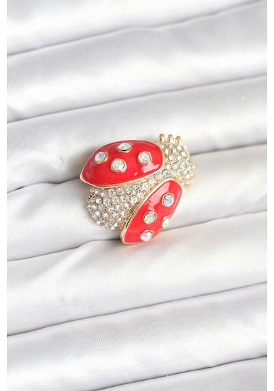 Uğur Böceği Model Broş Altın - Kırmızı