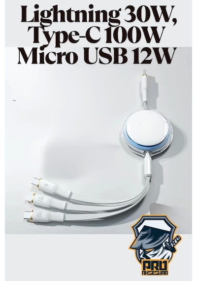 Makaralı Düğümlenmeyen 100w Type-c Süper Fast Pd Şarj Kablosu 3in1 Apple iPhone Samsung Xiaomi Uyumlu Hızlı Şarj