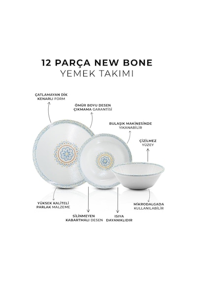 Kitchen Life 12 Parça 4 Kişilik Mosaik Porselen Yemek Takımı  - New Bone  Yemek Seti