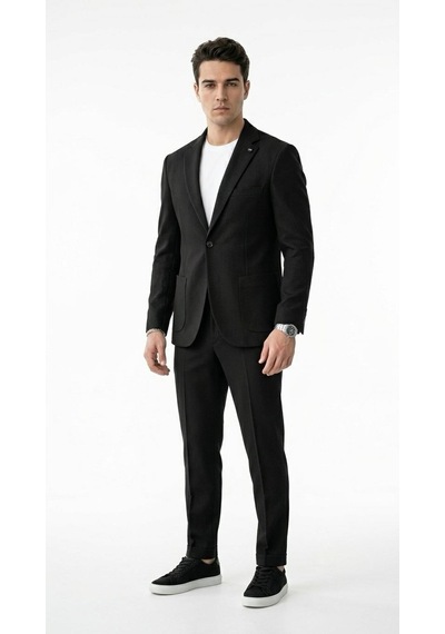 Erkek Yazlık Dokulu Kumaş Tek Düğme Ceketli Jogger Pantolonlu Takım Elbise Slim Fit Spor Şık Kombin Siyah