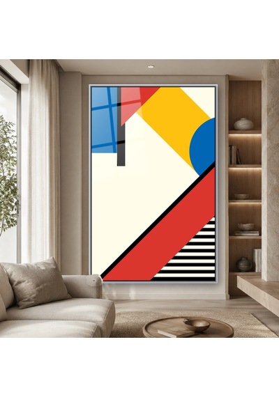 Kırmızı Mavi Sarı Bauhaus Blokları Gümüş Çerçeveli Cam Tablo
