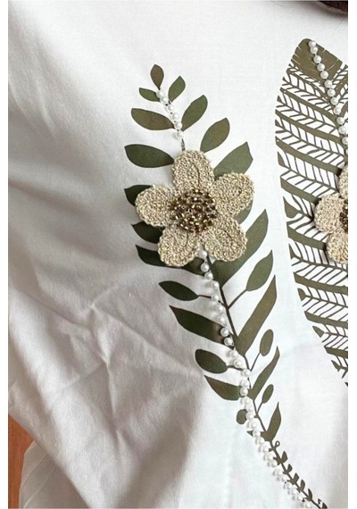 Cassime Kadın Siyah %100 Pamuk Regular/normal Kalıp Çiçek Nakışlı Örme T-shirt Beyaz