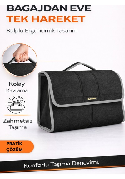 Oto Bagaj Organizer Bagaj Çantası L Boy Kaymaz Cırt Bantlı Velur Kompakt - Siyah Gri
