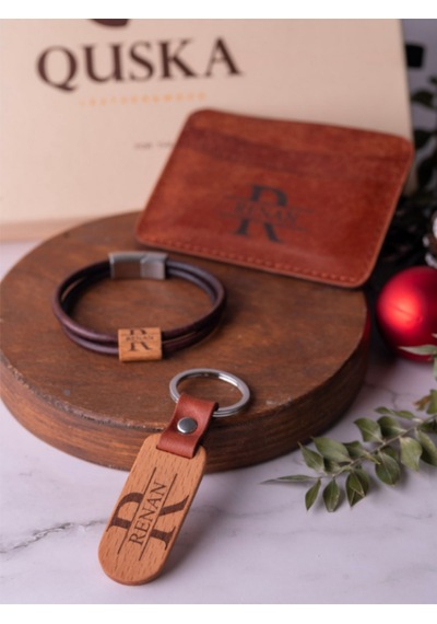 Quska Kişiye Özel İsimli El Yapımı Hakiki Deri Kiremit Kartlık+anahtarlık+bileklik Set - Grain Minimal Kahverengi