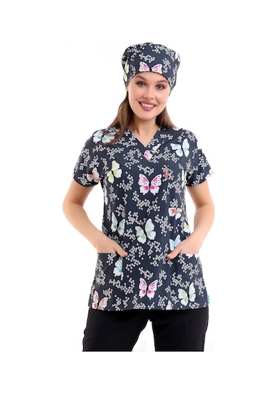 Yarasa Kol Dijital Desenli Üst - 6509 Füme Kelebekler-6966