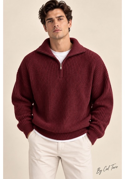 Tarz Cool Erkek Oversize Fermuarlı Balıkçı Triko Kazak Bordo
