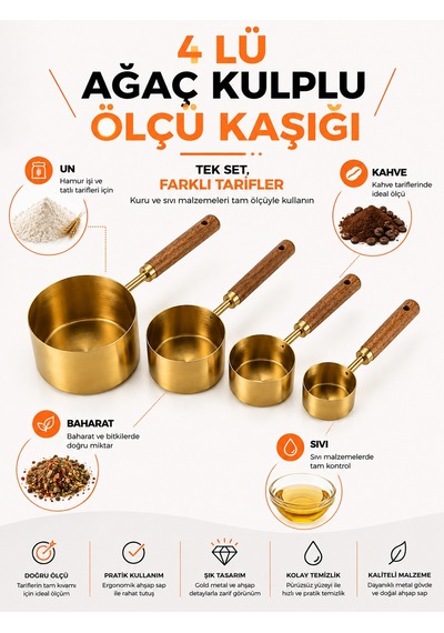 Lüks 4'lü Ahşap Kulplu Gold Ölçü Kaşığı Seti Kahve, Baharat, Tatlı Ve Hamur İşi İçin Mutfak Ölçü Seti Altın