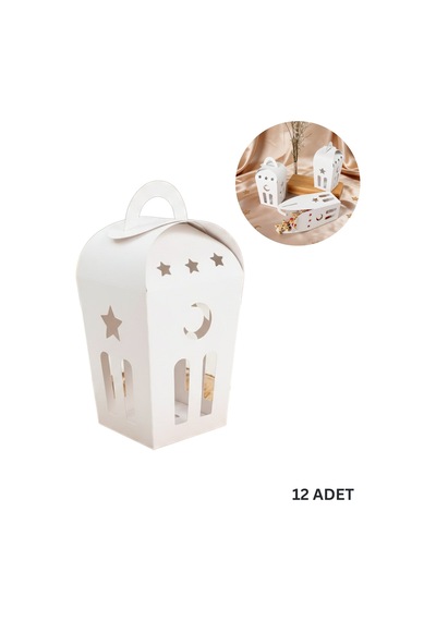 Ramazan Temalı Dekoratif Beyaz Fener Kutusu, Ay Yıldız Kesim Hediyelik Kutu Seti, 6x9 Cm - 12 Adet