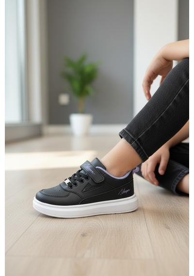 Enoch Cırt Cırtlı Yazı Baskılı Beyaz Tabanlı Bağcıklı Çocuk Sneaker Siyah - Lila