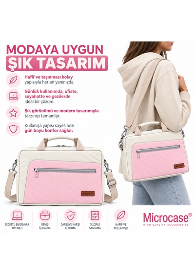 Microcase Macbook Air 15 İnch M4 2025 İle Uyumlu Macbook Taşıma Çantası Darbe Korumalı Omuz Askılı Çok Bölmeli Krem Pembe Al5694