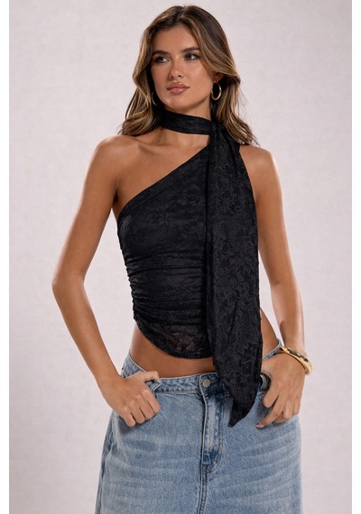 Meren Like Your Style Dantel Detaylı Tek Omuz Şal Detaylı Tek Omuz Crop Bluz Siyah