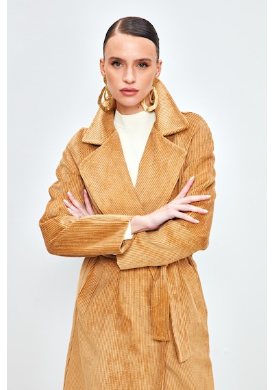 Sateen Uzun Kadife Trençkot - Sarı-134015 Sarı