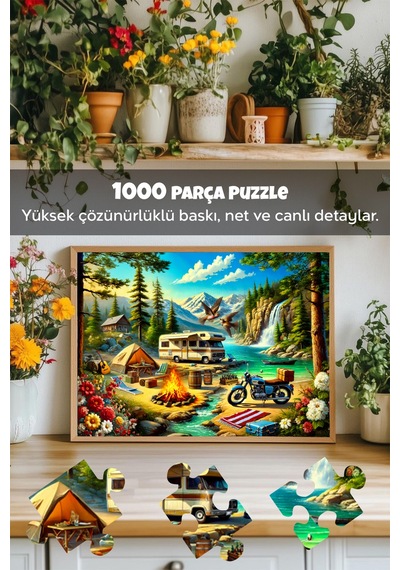 3 Adet 1000 Parça Puzzle - Kamp Ateşi, Aslan Kral Kedi Ve Vahşi Batı Kasabası Yapboz 68x48 Cm