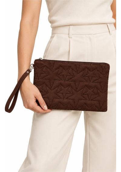 Adelina Bags Süet Yıldız Nakış İşlemeli Portföy El Çantası Bilek Askılı Astarlı Süet Clutch Çanta Kahve