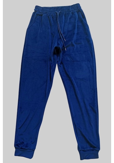 101Dzyn Parlak Kadife Cepli Pantolon Eşofman Pijama Altı Unisex Lastikli Paça Lacivert 100