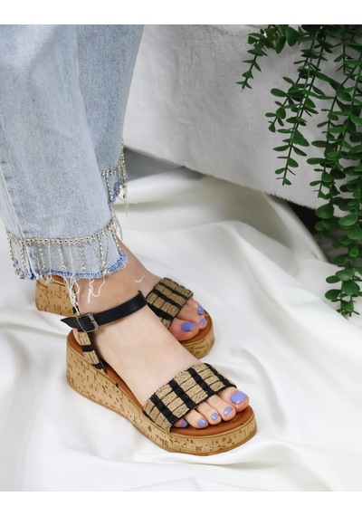 Asmi Shoes Hasır Detaylı Mantar Taban Ortopedik Taban Sandelet Siyah Siyah