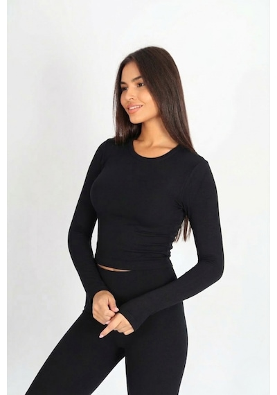 Kadın Uzun Kollu Baskılı Bisiklet Yaka Siyah Atlet Body Siyah